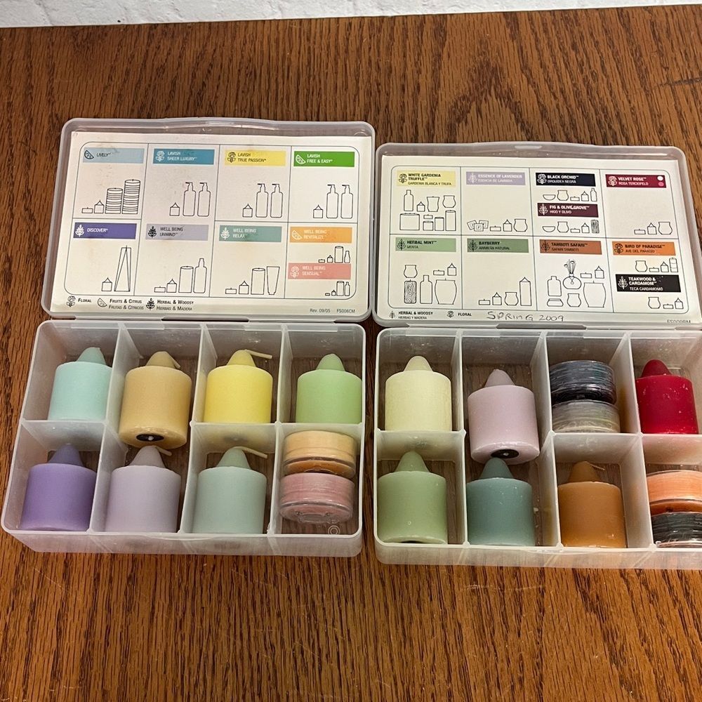 Partylite 2 Boxes Votive & Tea Sampler Candles Herbal & Woodsy fruits & citrus